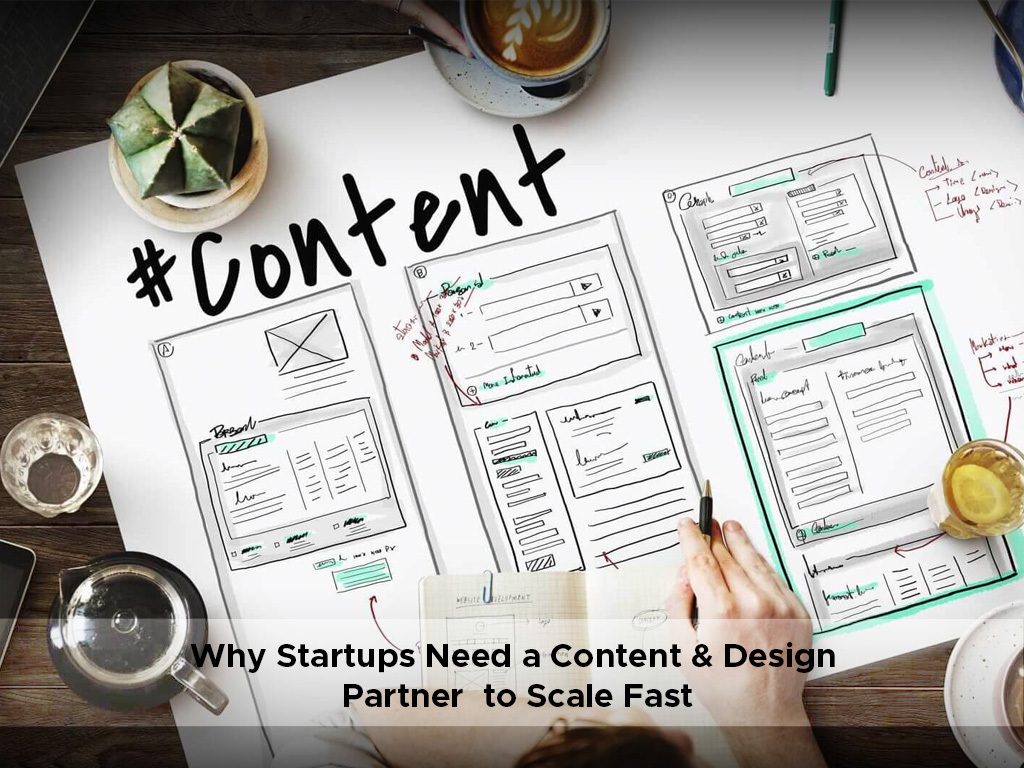 Startup team collaborating with content design partner for brand growth