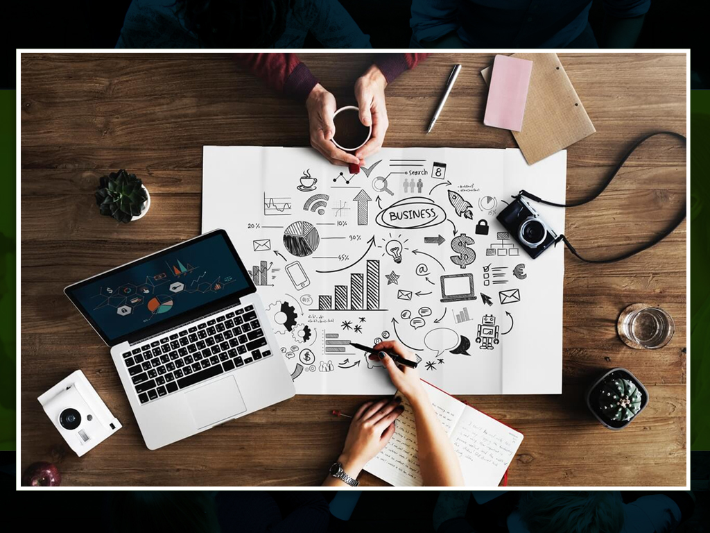 Person selecting agency options with design, communication, and planning visuals