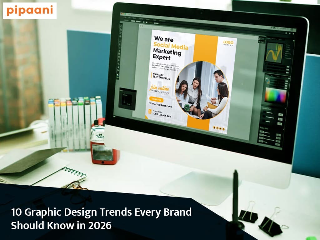 Top 10 graphic design trends for brands in 2026 with modern visual elements